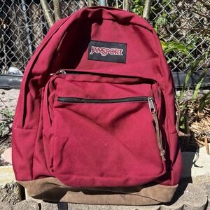 Vintage Jansport Red Backpack w/ Brown Suede Leather Bottom